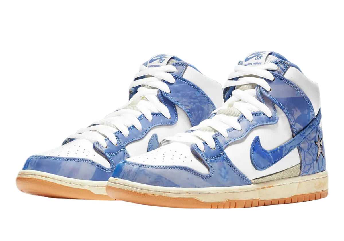 Blue and white sneakers with a Nike logo on a blue background